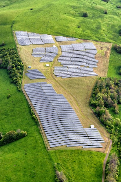 Solar panels and power plant in aerial view