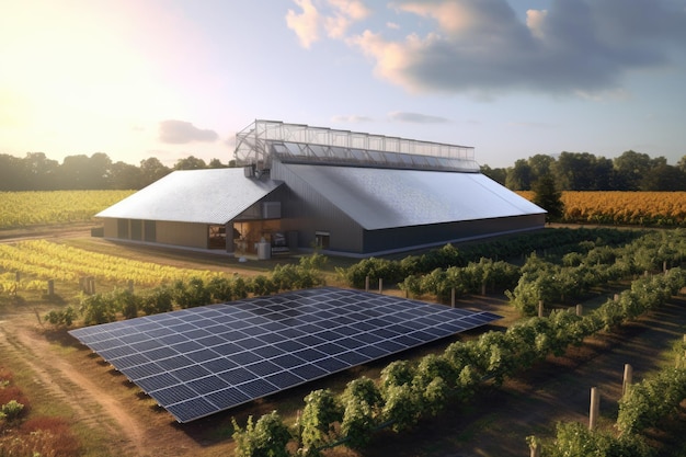 Solar panels powering a hightech agricultural facility created with generative ai