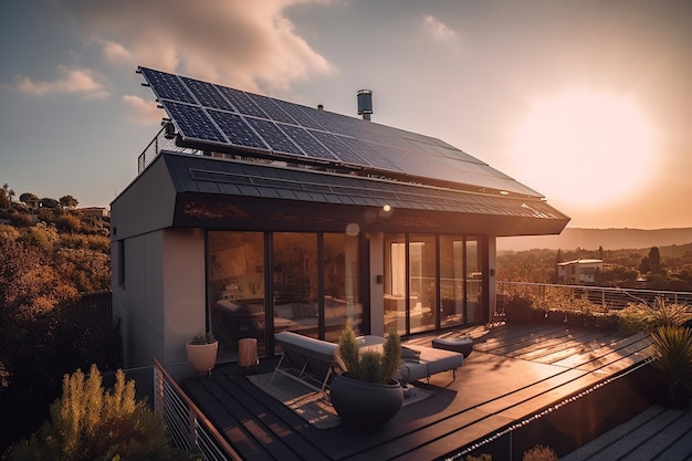 Solar panels on the roof of a beautiful modern home generative ai