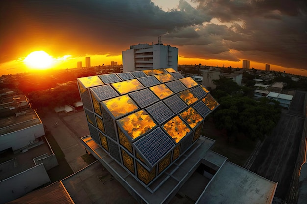 Солнечные батареи на крыше большого здания в городе Природный источник энергии Генеративный ИИ