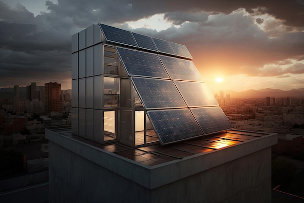 Solar panels on the roof of big building in the city Natural resource of energy Generative AI