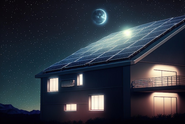 Solar panels on the roof of a building active at night Ai generated