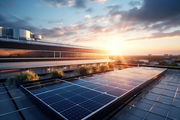 Solar panels on the roof of a building with the sun setting behind them.