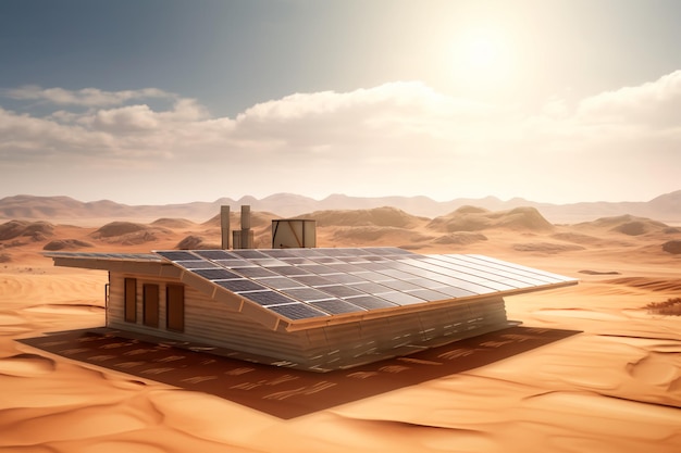 Photo solar panels on the roof of the empty quarter desert environmentally friendly energy