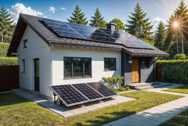 Solar panels on the roof of a house in white