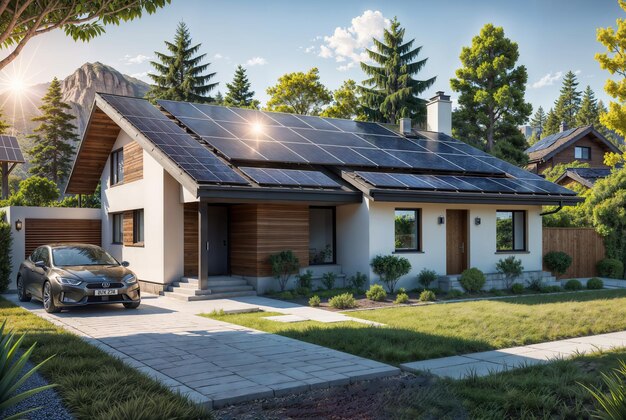 Solar panels on the roof of a house in white