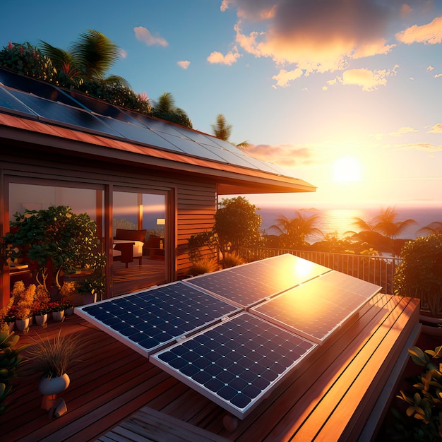 Солнечные панели на крыше большого семейного дома с закатным светом на заднем плане