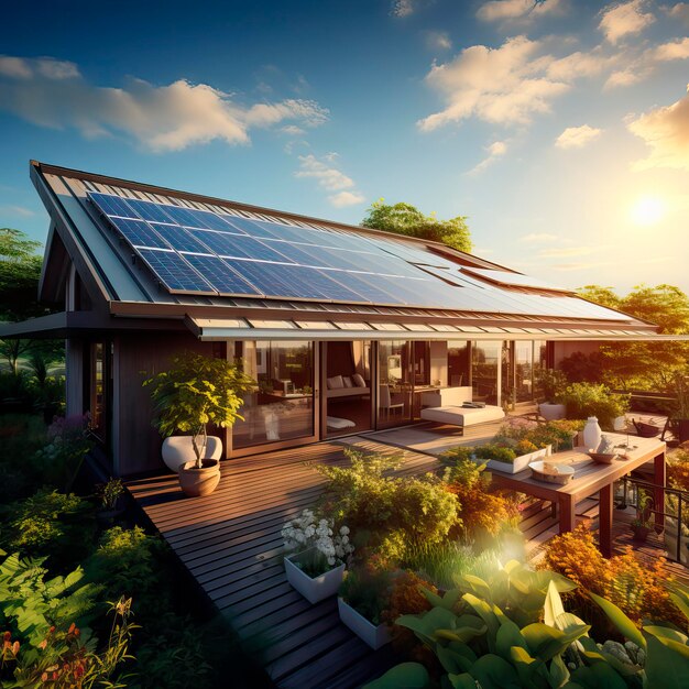 Solar panels on the roof of the on large family house with sunset light in the background