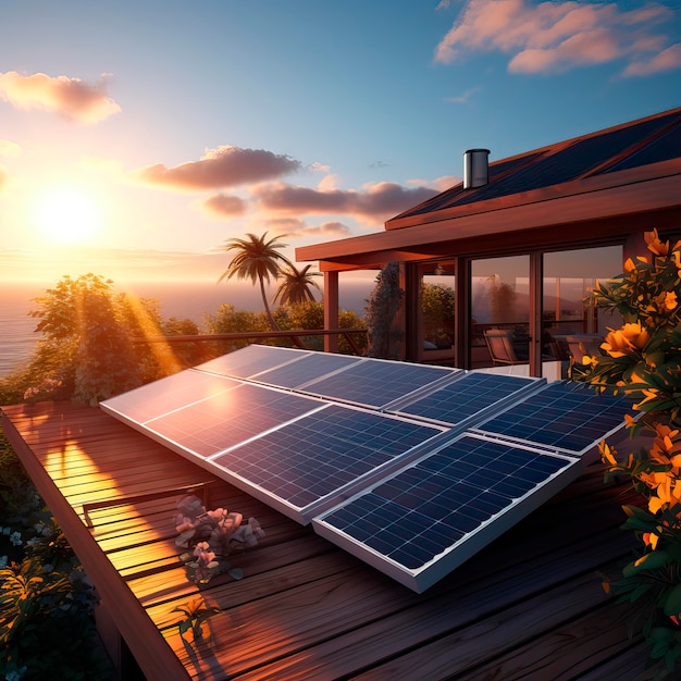 Solar panels on the roof of the on large family house with sunset light in the background