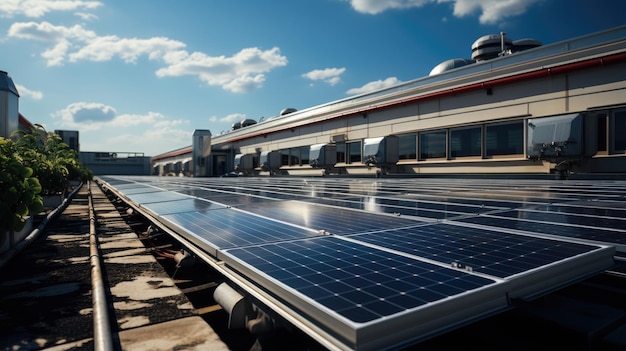 Solar panels on the roof of a modern industrial factory with Sunlight