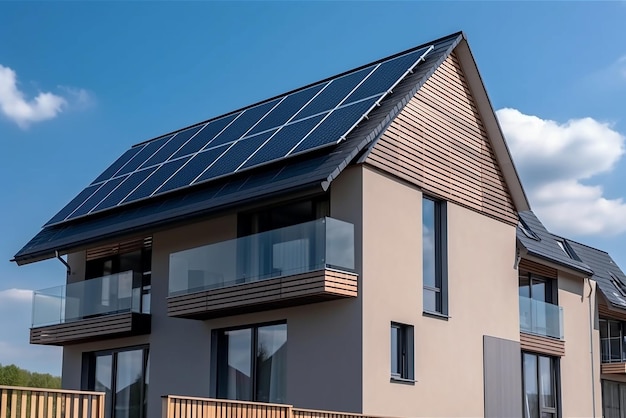 Solar panels on the roof of a modern twostory house