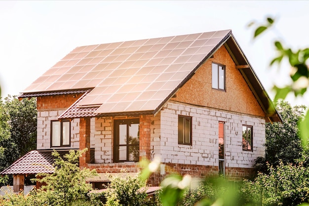 Solar Panels on Roof of Private House Eco House with Garden Solar Panel Aerated Concrete Blocks