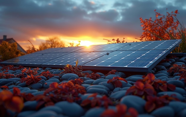 Solar panels on roof with beautiful sunset