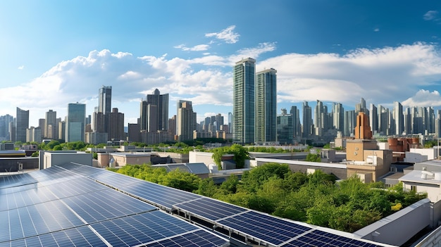 Solar panels on a roof with a city in the background