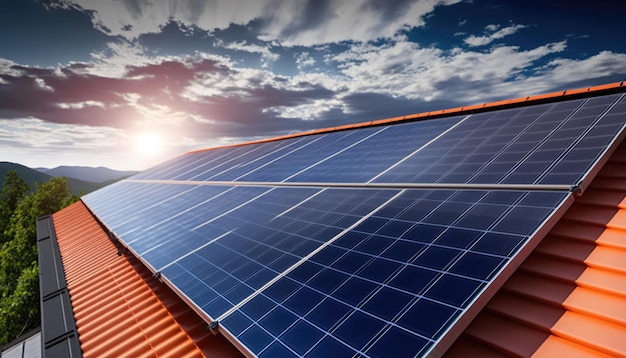 Solar panels on a roof with a cloudy sky in the background