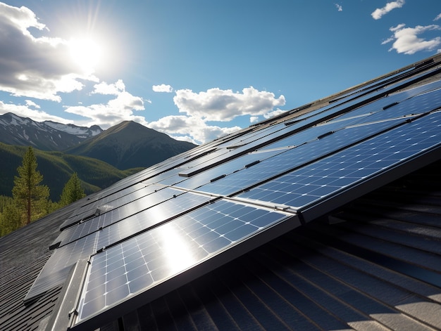 Solar panels on a roof with mountains in the background