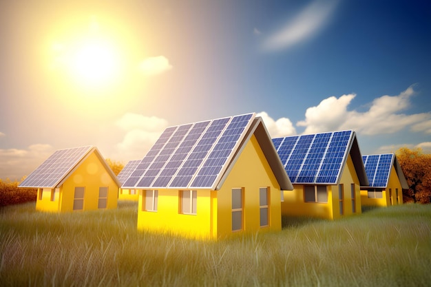 Solar panels on the roofs of cottage houses renewable energy concept Generative AI