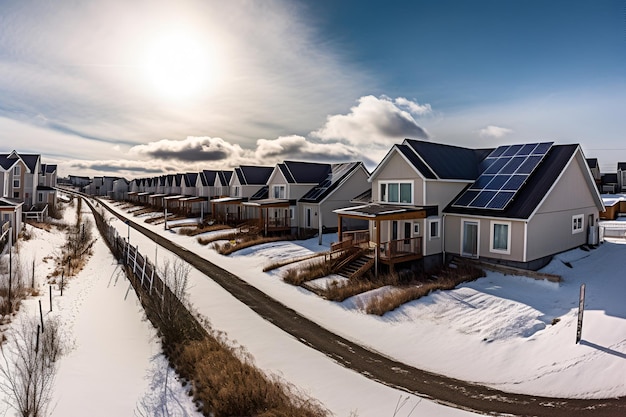 Solar panels on the roofs of a housessnow and winteralternative energy sourcesgenerated by ai