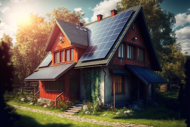 Solar panels on roofs of rural houses allow living far from cities with electrical comfort Ai generated