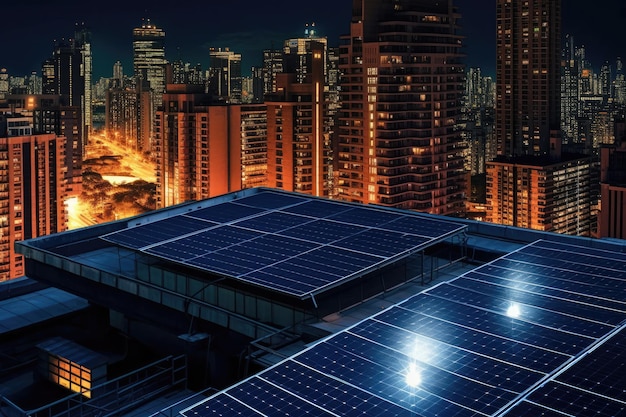 Solar panels on rooftop Renewable Energy in city night light