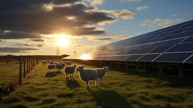 Photo solar panels and sheep on the field alternative electricity