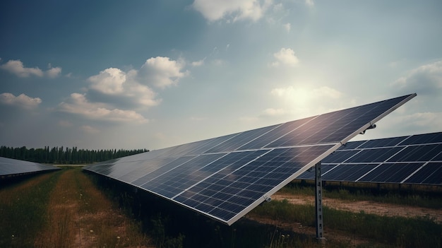 Solar Panels on Sky Background Generating Green Electricity