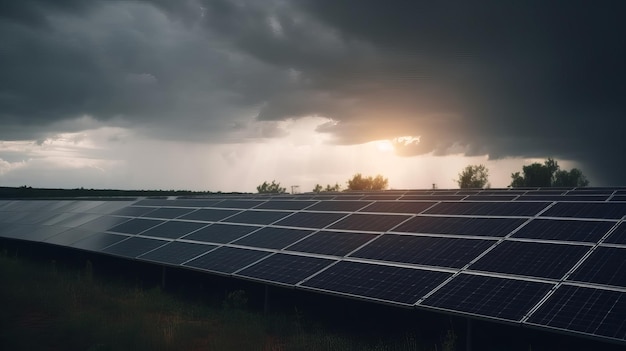 Solar Panels on Sky Background Generating Green Electricity