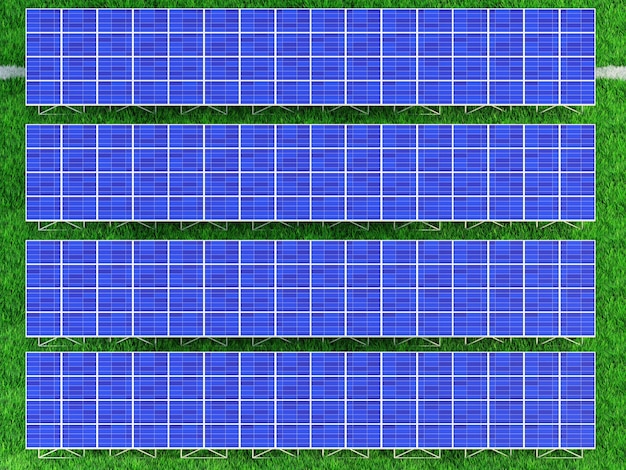 하늘 배경에 태양 전지 패널 태양 광 발전소 푸른 태양 전지 패널 3d 렌더링