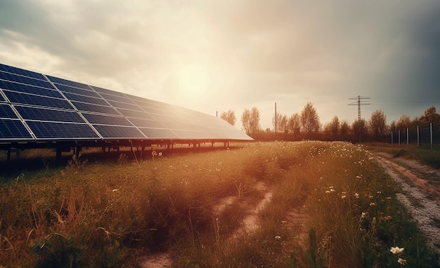 Solar panels on a solar farm in Europe at sunset