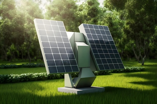 Solar panels stand in the park on the grass alternative energy Generative AI