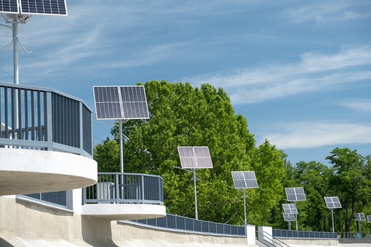 Photo solar panels on the street. alternative energy solar energy in sunny day