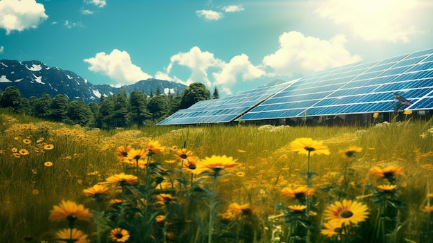 Photo solar panels on a sunny day and field of flowers