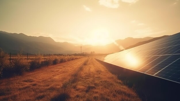 Foto panelli solari paesaggio del tramonto tema dell'ambiente e concetto di energia verde