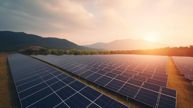 Foto panelli solari paesaggio del tramonto tema dell'ambiente e concetto di energia verde