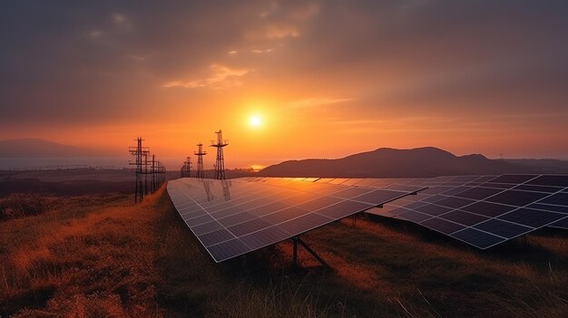 Foto panelli solari paesaggio del tramonto tema dell'ambiente e concetto di energia verde