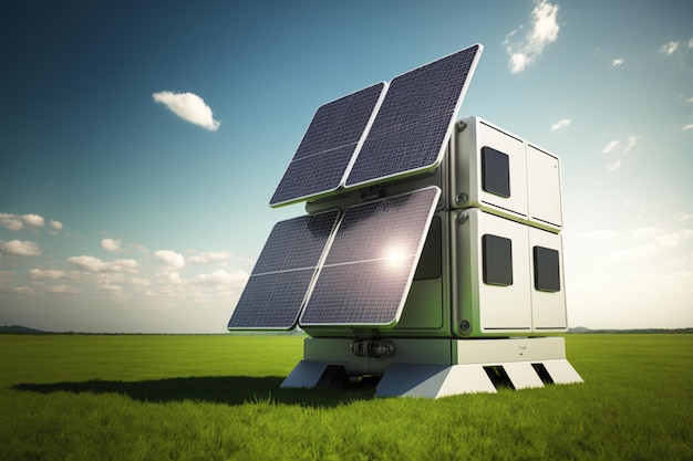 사진 일몰 발전소의 푸른 하늘 아래 태양 전지판은 청정 에너지와 생태 에너지의 개념