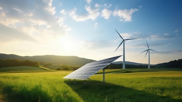 Solar panels and wind power generation equipment on a green farm