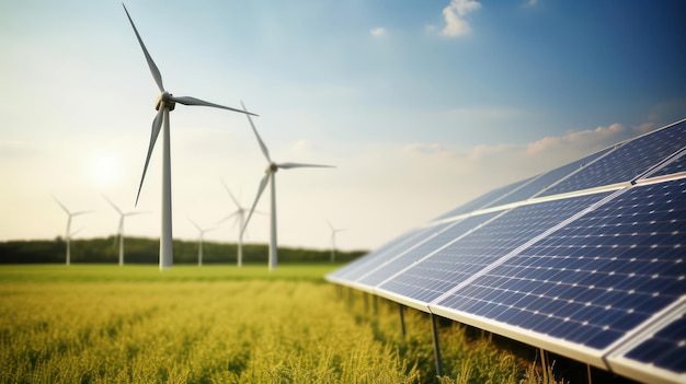 Solar panels and wind power generation equipment on a green farm