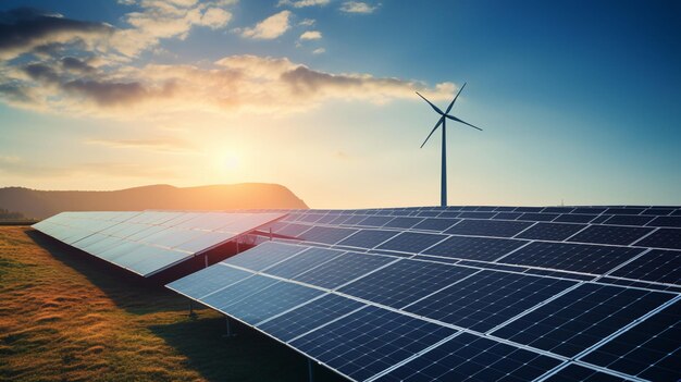 Solar panels and wind turbine against blue sky with white clouds 3d rendering