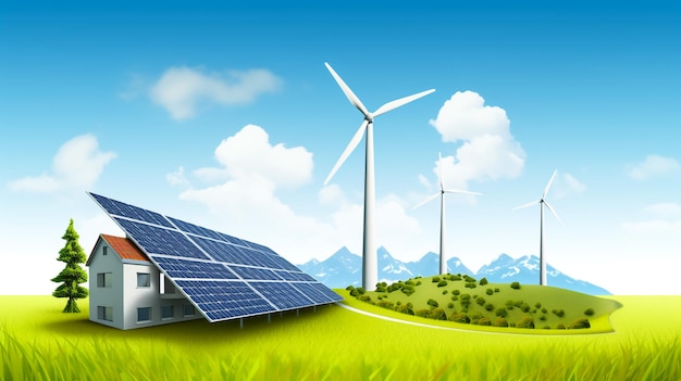 Solar panels and wind turbines under blue sky on summer landscape