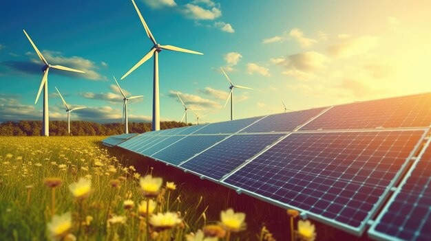 Solar panels and wind turbines in a field alternative energy sources