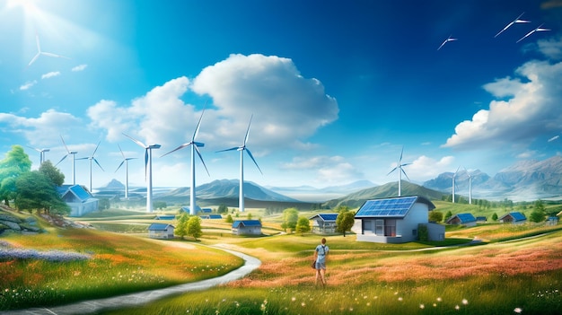 Solar panels and wind turbines on the field Generative AI illustrator