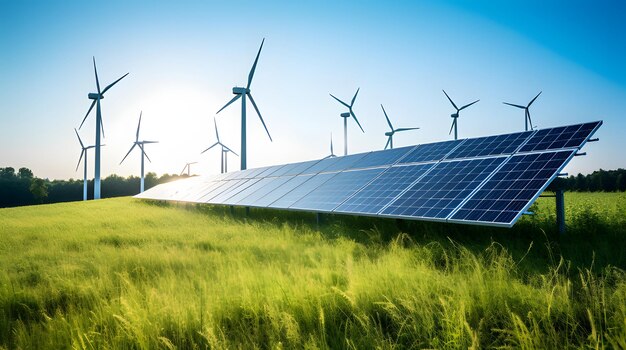 Solar panels and wind turbines in a field representing renewable energy sources