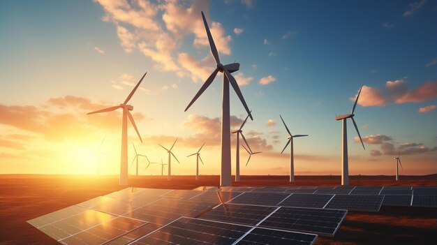 solar panels wind turbines on a field at sunset