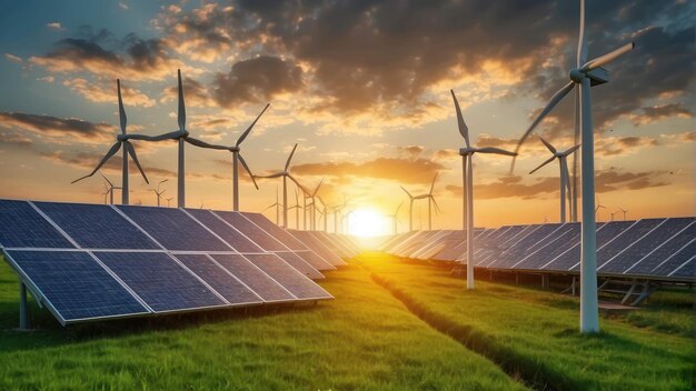 Photo solar panels and wind turbines in a field at sunset