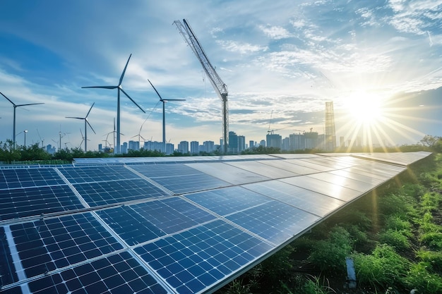 Солнечные панели и ветряные турбины в поле, символизирующем устойчивые и возобновляемые источники энергии