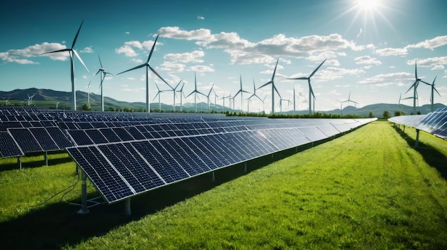 Solar Panels and Wind Turbines in a Field