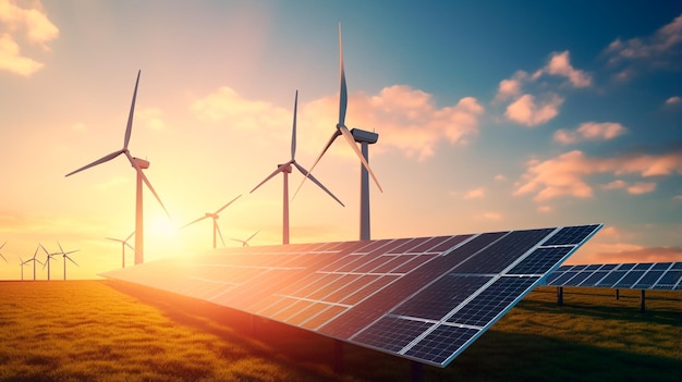 Photo solar panels and wind turbines on the field