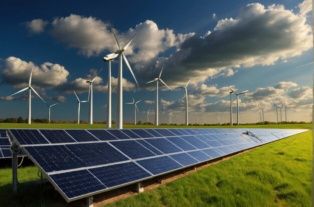 Solar panels and wind turbines in field