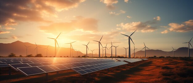 Solar panels and wind turbines in a field